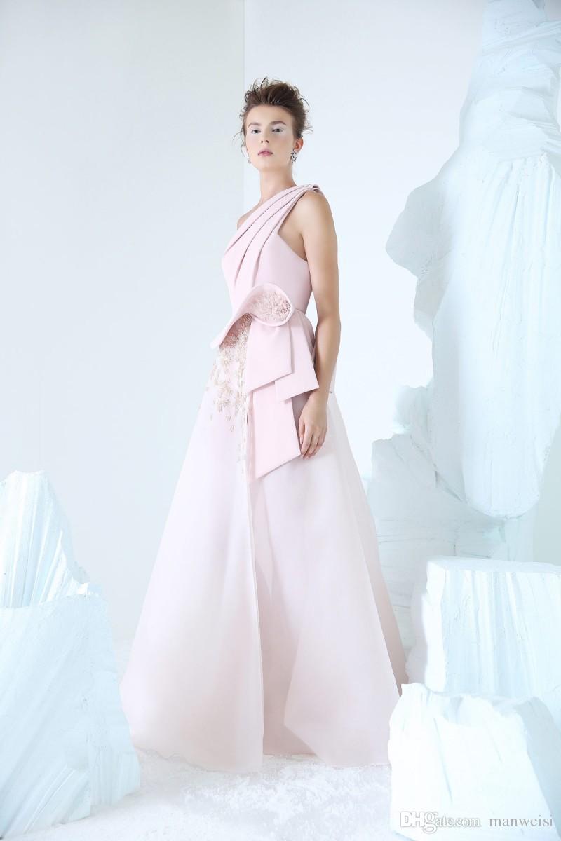 Azzi Osta Pink Split Prom Dresses Lace One Shoulder Appliqued Beaded Celebrity Party Gowns Custom Made Formal Evening Dress
