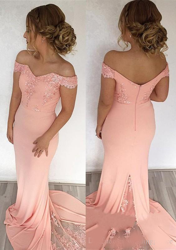 Latest Off The Shoulder Mermaid Long Evening Dresses Pink Lace Satin Zipper Back Formal Evening Gowns Prom Dresses Vestido De Noche