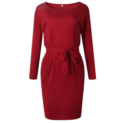 2019 Autumn Winter Dress Women Long Sleeve Black Blue Dress Casual Slim Sashes Midi Cotton Dress Plus Size Fashion Clothing 3XL