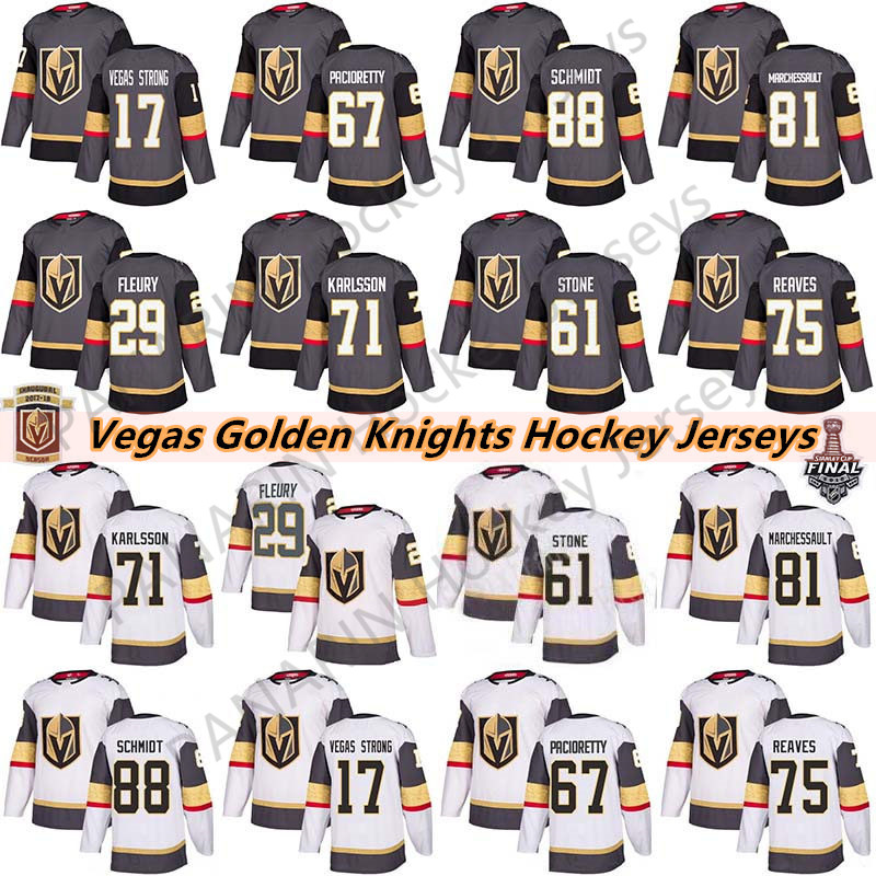 

Vegas Golden Knights 29 Marc-Andre Fleury 75 Ryan Reaves 71 William Karlsson 61 Mark Ston 67 Max Pacioretty Mens Kids Women Hockey Jerseys, Grey