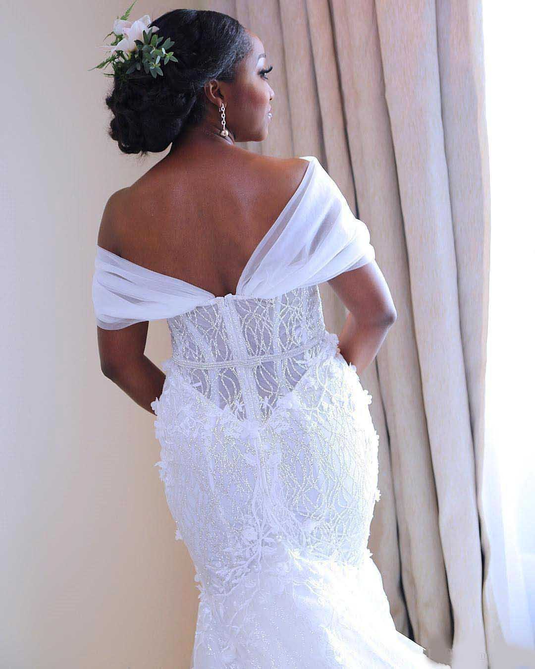2020 White Mermaid Wedding Dresses vestidos de novia Sheer Off Shoulder Arabic African Tulle Wedding Gowns Lace Beaded Bridal Dress