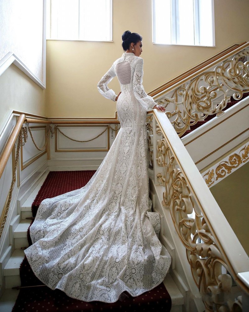 Muslim Modest Mermaid Dresses High Neck Long Sleeve Full Lace Bridal Dress Custom Made Wedding Gowns