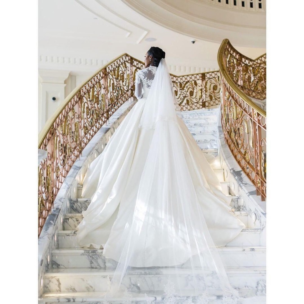 Lace Long African Sleeves Beaded Wedding Dresses High Neck Sequined Bridal Gowns A Line Court Train Appliqued Satin Robe De Marie ppliqued