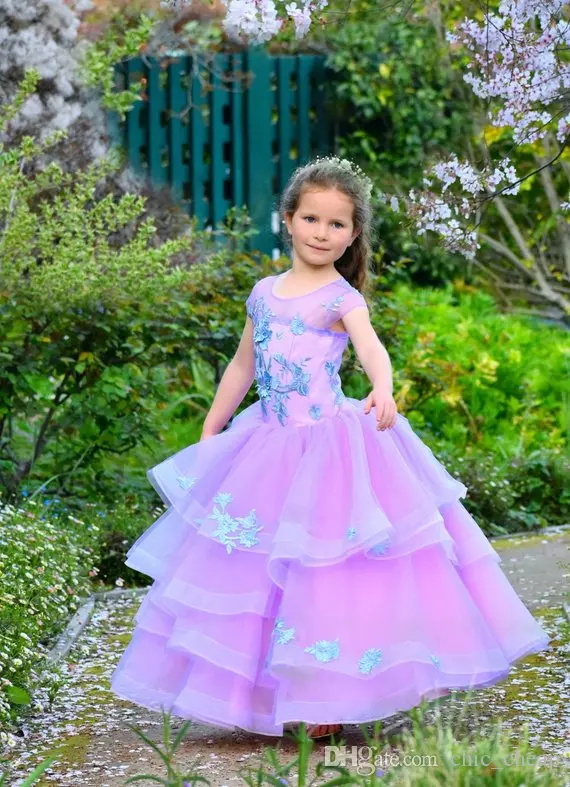 Purple Flower Girl Dresses Jewel Neck Tiered Skirts Floor Length Short Sleeves A Line Girls Pageant Dress Custom Made Kids Formal Dress