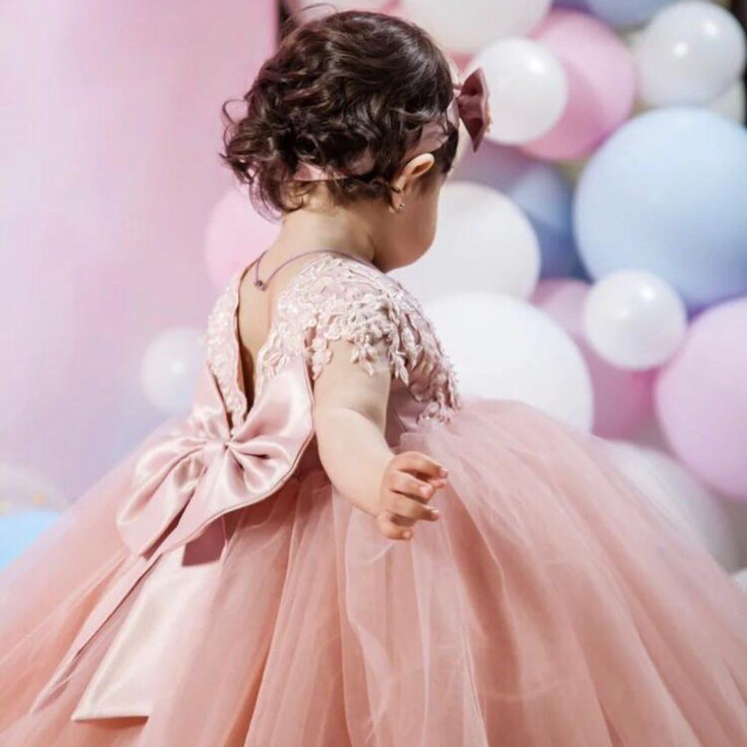 Blush Pink Lace Beaded wer Cap Sleeves Little Girl Wedding Dresses for Communion Pageant 2025