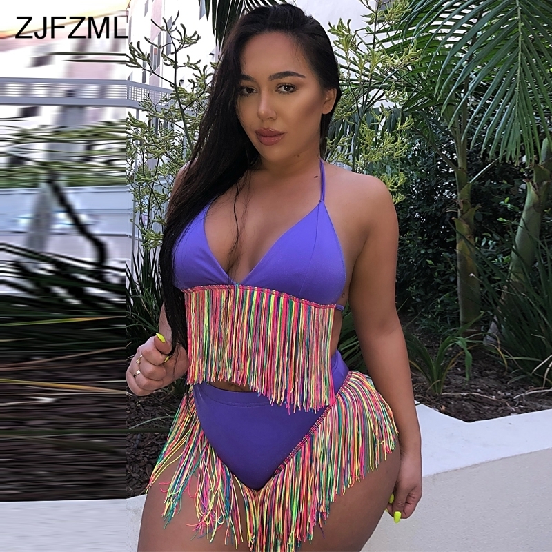 Zjfzml Colorful Tassels Summer Two Piece Set Women Halter V Neck Backless Crop Top+purple High Wiast Short Sexy 2 Piece Outfits C19021601