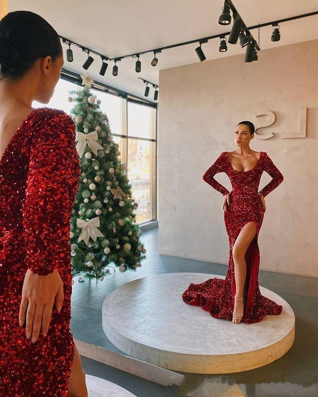 Sexy Sequined Red Prom Dresses 2020 Scoop Neck Long Sleeve Evening Gowns Party Dress Special Occasion Dresses