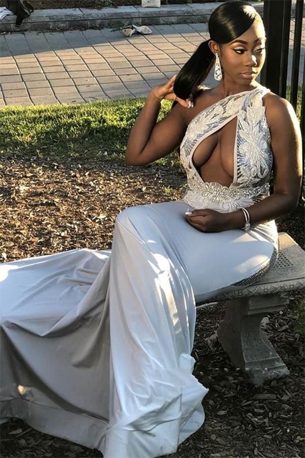 2019 Silver Prom Dresses One Shoulder Lace Appliqued Beads Satin Sweep Train Mermaid Evening Gowns Plus Size Formal Party Dress