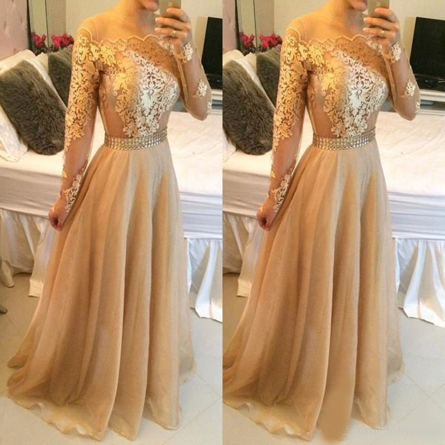 2020 Gold Champagne Sexy Lace Long Sleeves Prom Dresses Bateau Pearls Waist Long Lace Appliques Organza Vestidos Evening Dresses