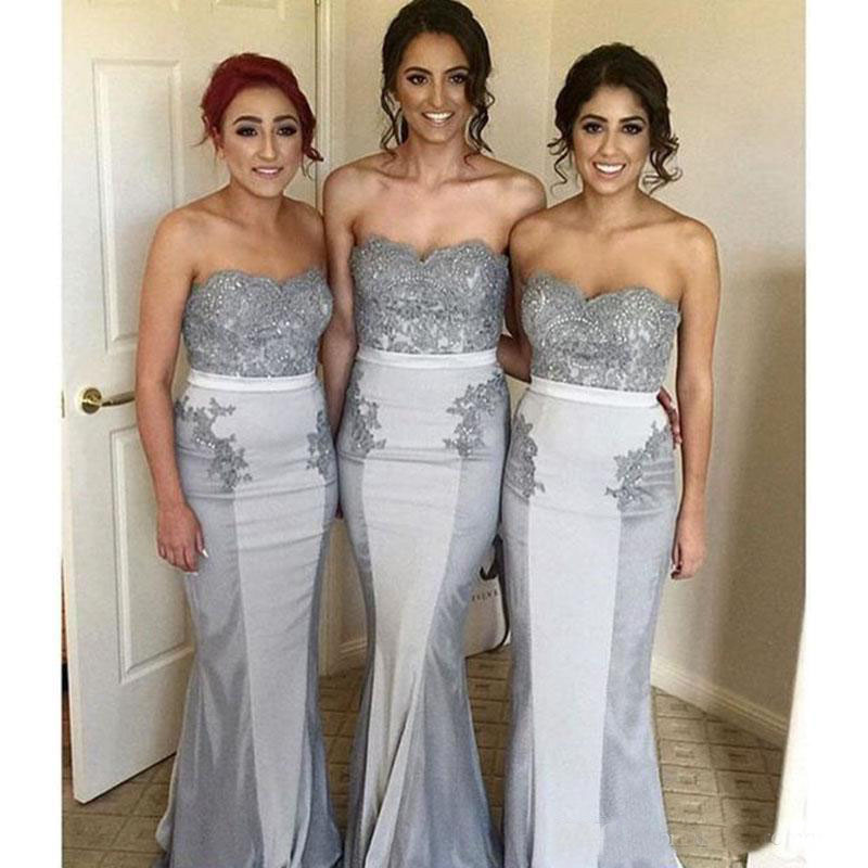 Silver Gray Bridesmaid Dresses Mermaid Lace Appliques Long Maid Of Honor Gowns For Wedding 2019 Bridesmaid Party Dress