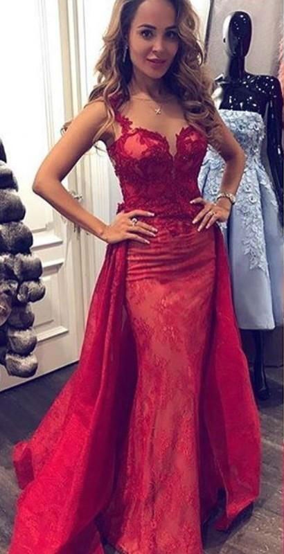 2019 New Designer Red Mermaid Prom Dresses Lace Appliques Sheer Neck Formal Dress Evening Wear Special Occasion Dresses Vestidos