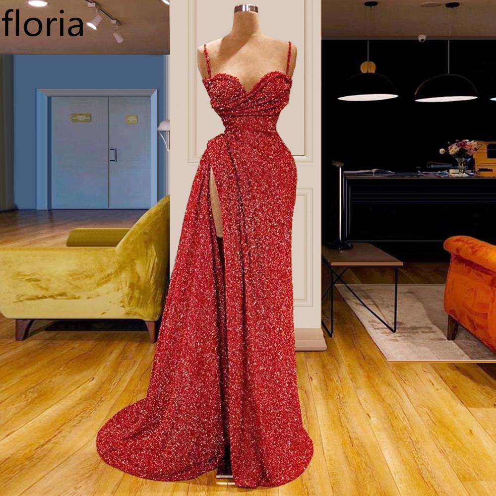 Red Mermaid Evening Dresses With Spaghetti Strap Ruffle Side Split Prom Dress Tulle Sweep Train Formal Party Gowns