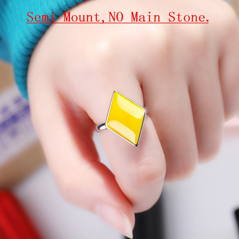 925 Sterling Silver Engagement Wedding Ring 13x18mm Rhombus Cabochon Semi Mount Ring Fit Amber Turquoise Lapis Lazuli Setting