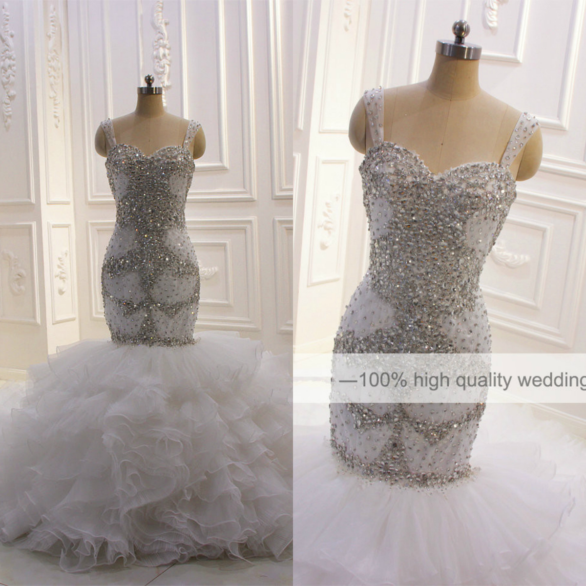 luxury beading mermaid wedding dresses sexy spaghetti neck tiered skirts bridal gowns plus size robe de soiree