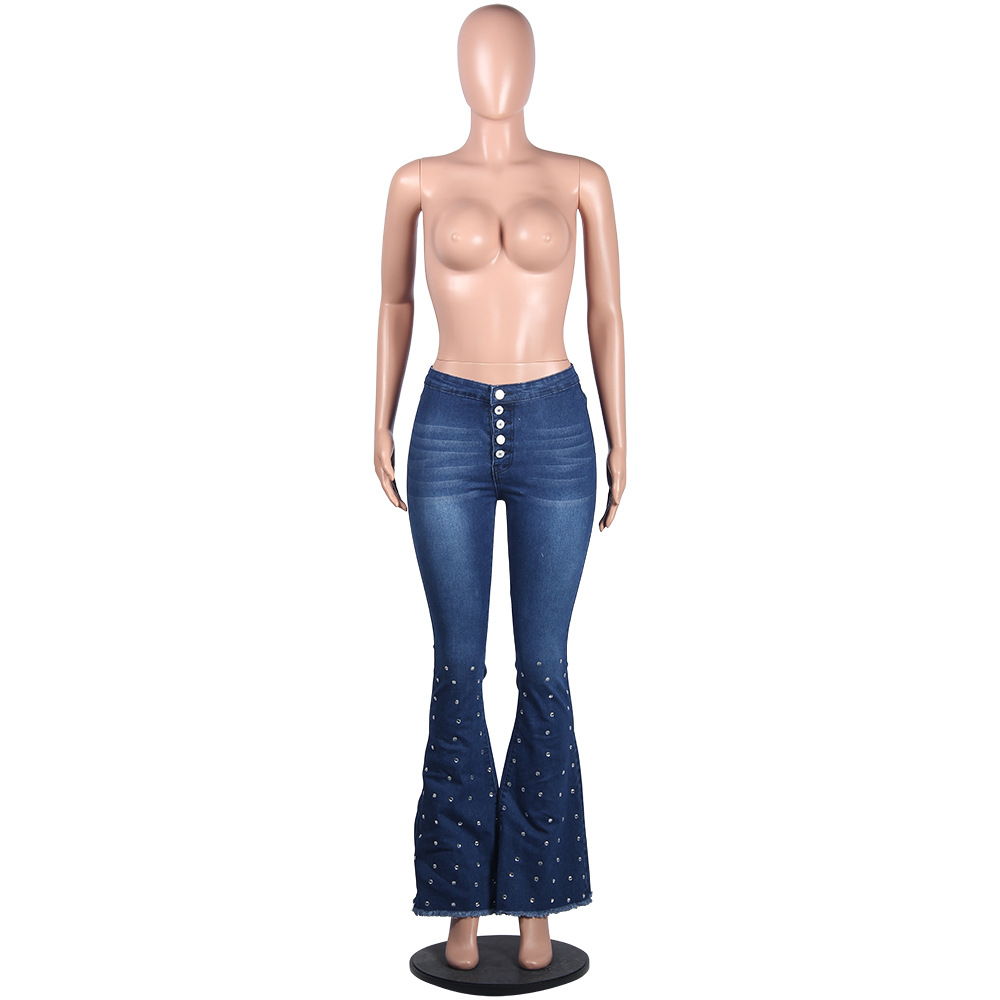 Fashion Elastic High Waist Denim Flare Pants Women Retro Diamonds Jeans Wide Leg Trousers Lady Casual Bell-Bottoms Fla