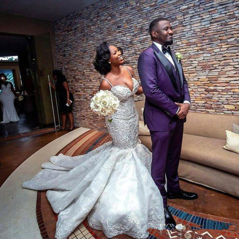 African Arabic Crystals Mermaid Wedding Dresses 2024 Sexy Straps Spaghetti Lace Appliques Sheer Back Plus Size Bridal Gowns Custom Made 91
