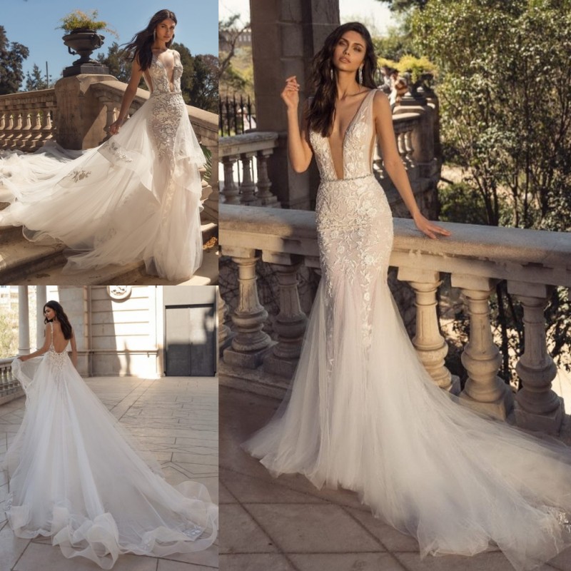 Mermaid Chic Backless Wedding Dresses With Detachable Train Sheer Plunging Neck Beaded Bridal Gowns Sequined Tulle Appliqued Robes De Mari E
