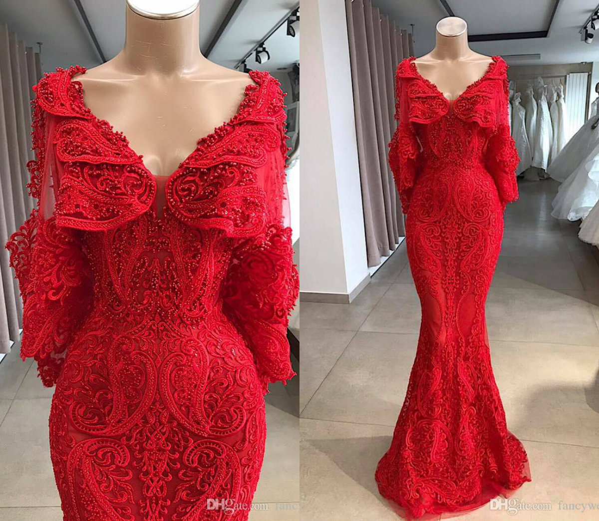 2019 Evening Gowns For Reception V Neck Lace Appliqued Pearls Luxury Red Mermaid Prom Dress Arabic Formal Party Dress Dubai Party Gowns