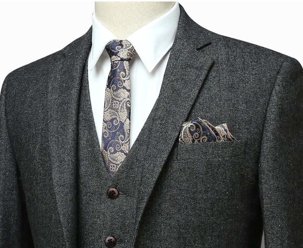 Two Bottons Mens Suits 3 Piece Wool Blend Herringbone Tweed Suit Black Vintage Tailored Fit Formal Groom Wear Business Mens Fowns