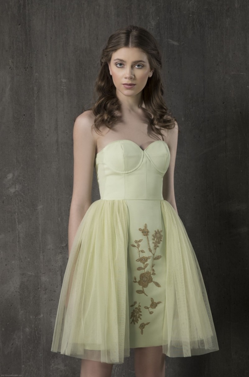 Elegant Light Yellow Short Prom Dress Strapless Knee Length Party Dresses Lace Applique Party Evening Gown