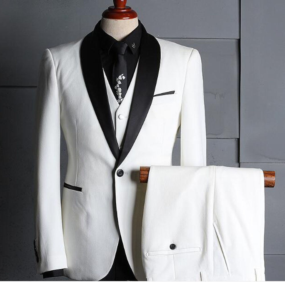 White Mens Suits For Men's Groom Wedding 3 Pieces Shawl Lapel Prom Party Tuxedos Slim Fit Jacket+Pants+Vest Coat Party Wear