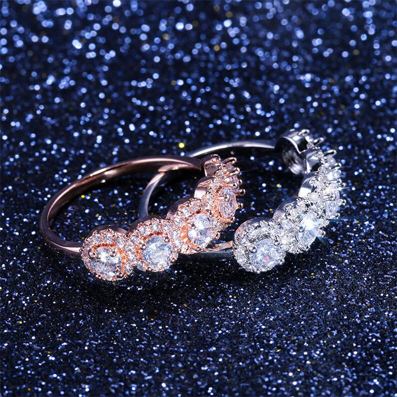 Top Selling Vintage Fashion Jewelry 925 Sterling Silver&Rose Gold Fill Three Stone White Topaz CZ Party Diamond Women Wedding Band Ring Gift