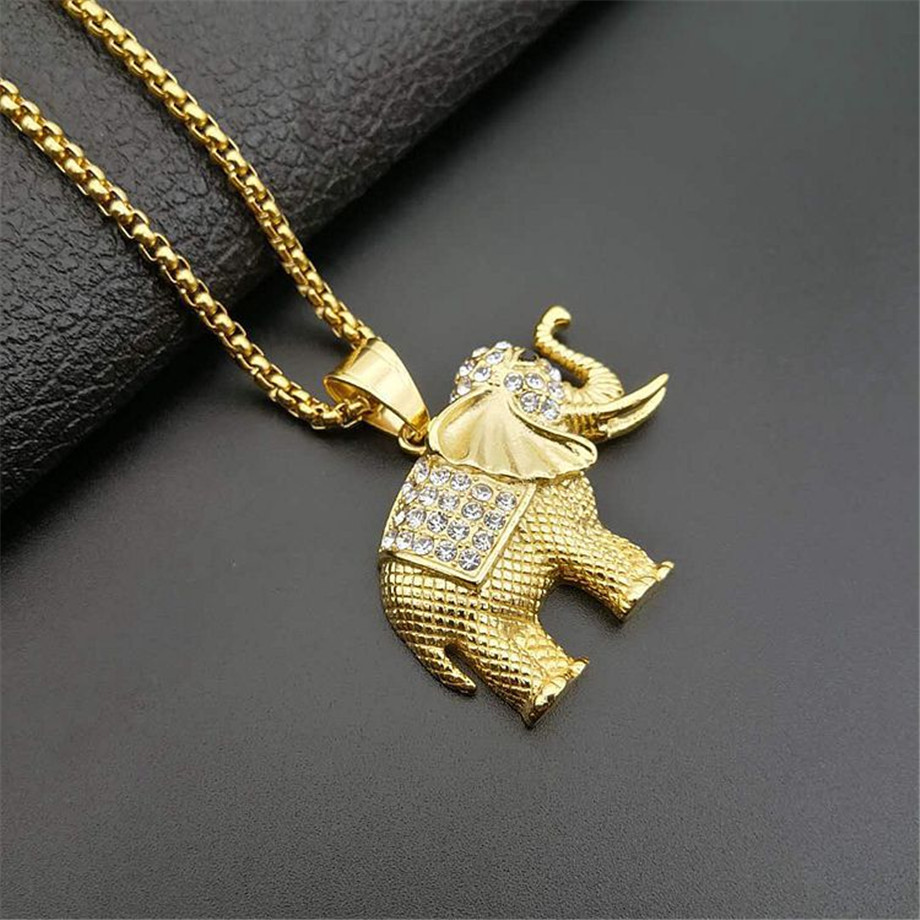 Iced Out Zircon Elephant Pendant Animal Necklace Jewelry Gold Color Stainless Steel Bling CZ Men's Hip Hop Pendant For Women