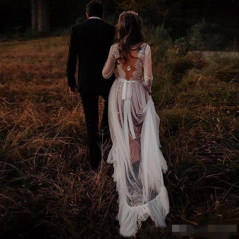 Newest Long Sleeves Dresses Chapel Train Sexy Backless Lace V Neck Custom Made Country Wedding Bridal Gowns Vestido De Novia