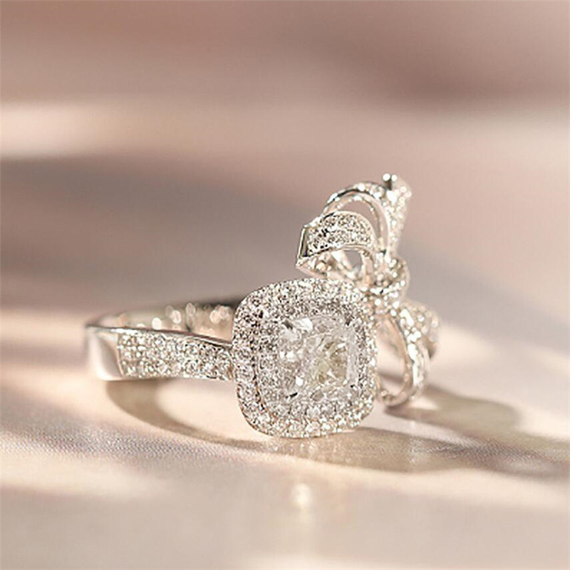Choucong Brand New Luxury Jewelry 18K White Gold Fill Cushion Shape White Topaz CZ Diamond Gemstones Eternity Women Wedding Band Bow Ring