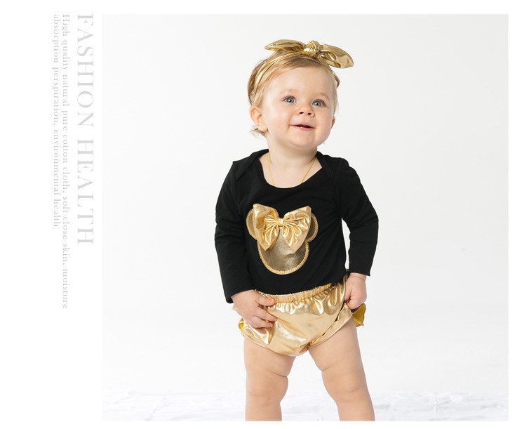 4Pcs Set For Baby Golden Clothing Sets Rompers+PP Shorts+Headband+Shoes Newborn Suit Infant Clothes Toddler Outfits S-M-L-XL 0-2Years