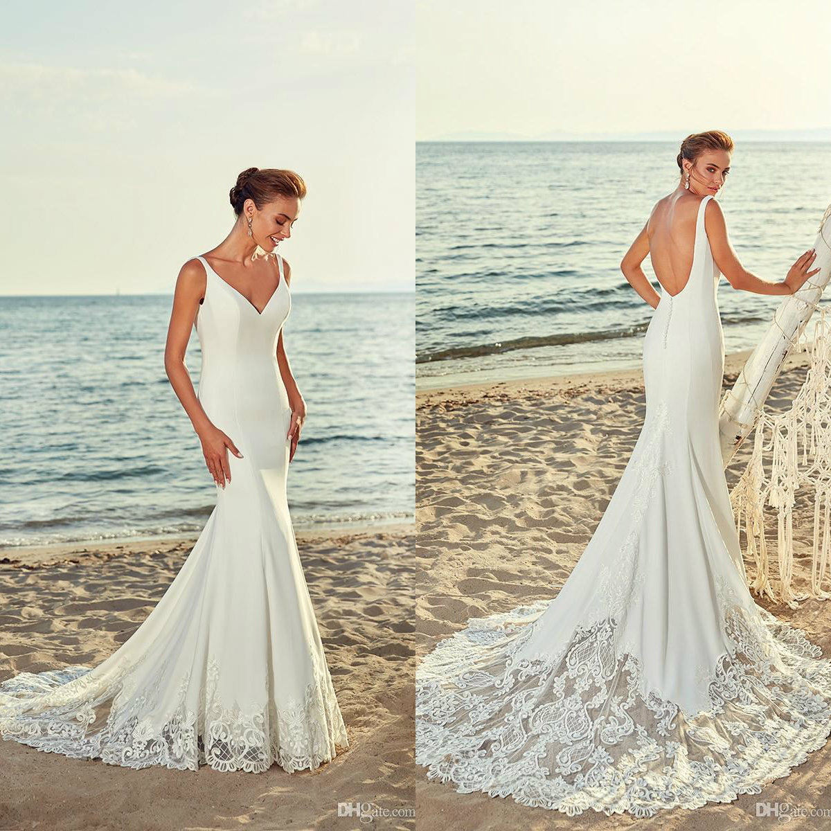 eddy k beach mermaid wedding dresses v neck white satin wedding bridal gowns abiti da sposa lace appliqued backless wedding dress plus