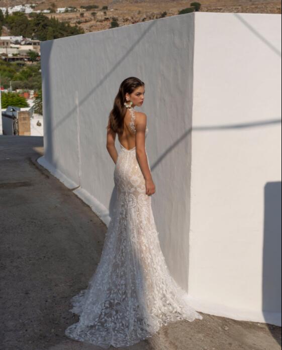 Lian Rokman Wedding Dresses Mermaid Lace Appliques Jewel Neck Trumpet Wedding Dress Sweep Train Backless Plus Size Robe De Mariee