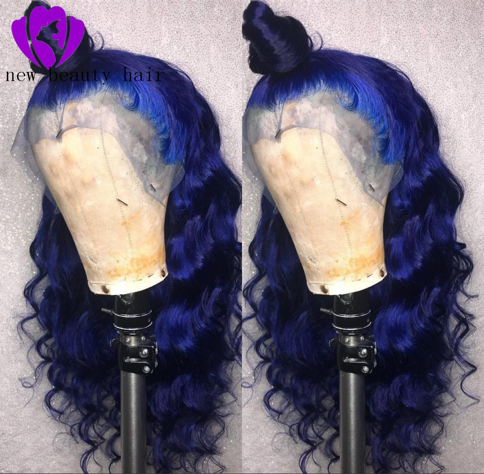 New party style Blue hair color brazilian full Lace Front Wig Long deep wave Synthetic Wigs For Women can be braided