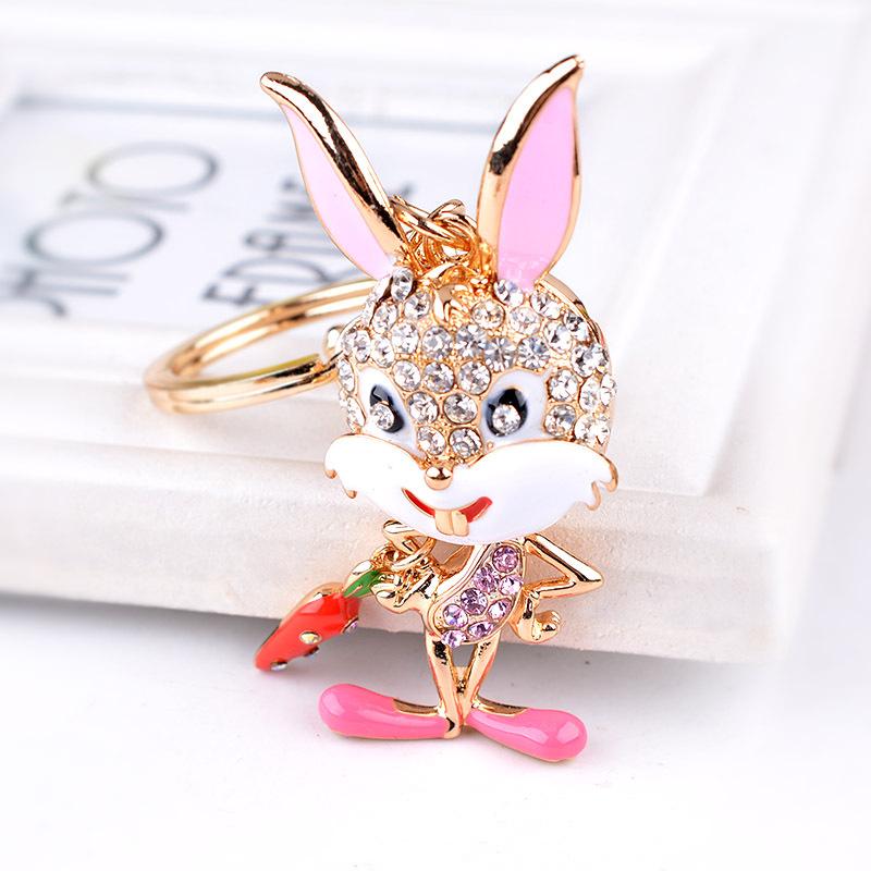 Metal Key Ring Chain Super Cute Bunny Keychains Pink Blue Enamel Rhinestone Animal Pendant Gold Color Creative Children Jewelry