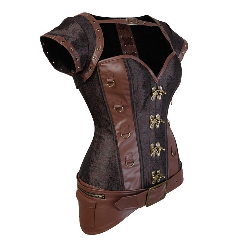 4pcs Set Women Medieval Steampunk Gothic Jacquard Overbust Corset Top with Bolero Jacket PU Leather Belt and Thong Costume S-6XL Plus Size