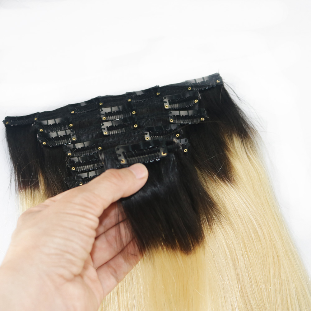 120g 7Pcs Human Hair Extensions T1b/613 Ombre Color Black To Russian Blonde Clip In Human Hair Extensions Highlights