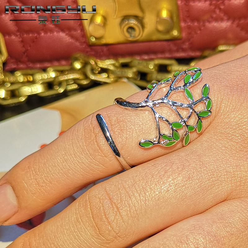 Wholesale-Silver Drop Glaze Leaves Open Rings For Women Original Handmade Lady Prevent Allergy Sterling-silver-jewelry