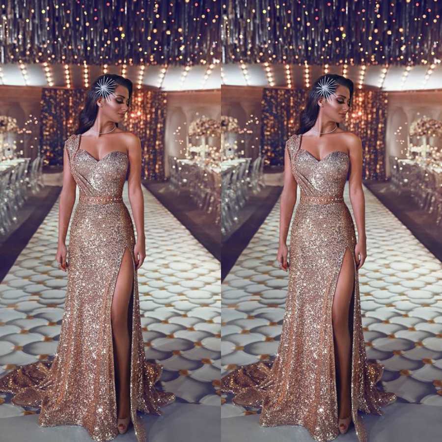 Rose Gold Prom Dresses 2019 Elegant Sheath African Arabic Evening Party Gowns One Shoulder Celebrity Dresses Women Zipper Back Long Cheap