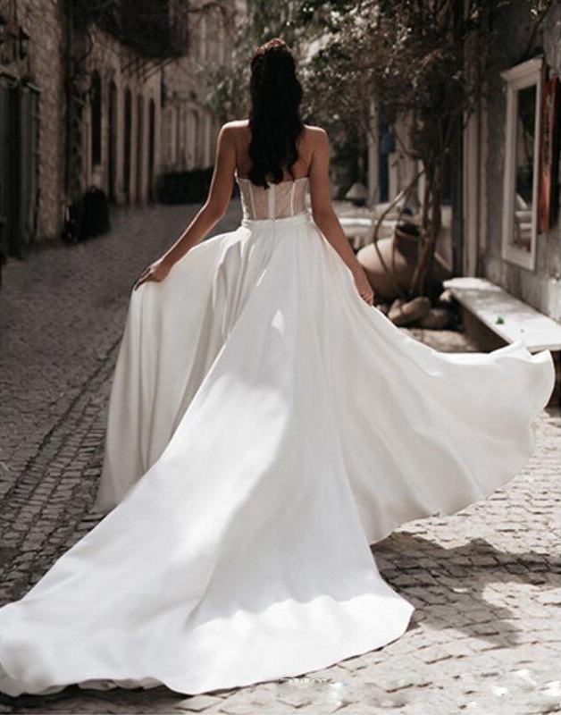 Modest Jumpsuit Dresses with Detachable Train Sweetheart Pants Bridal Gowns Satin Lace Appliques Beach Wedding Dress