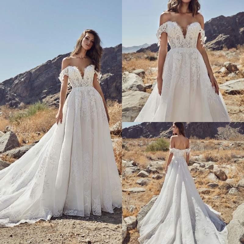 calla blanche elegant wedding dresses lace appliqued off the shoulder bridal gowns for beach gardens cheap sweep train wedding dress