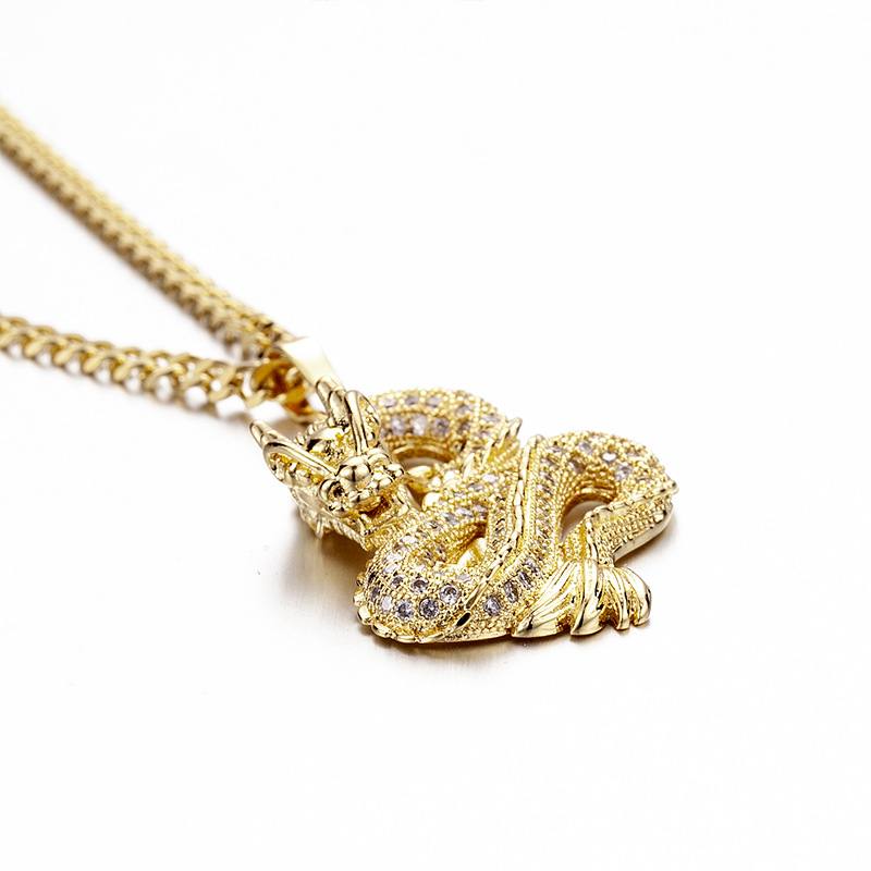 Hip Hop Chinese Dragon Pendant Gold Plated TopBling White Zircon New Designer Necklace Jewelry