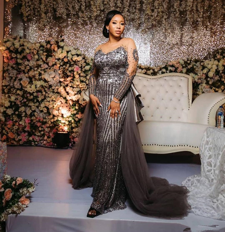 Silver Grey Luxury Evening Pageant Dresses with Detachable Train 2020 Aso Ebi Arabic Crystal Beaded Mermaid Occasion Prom Gowns