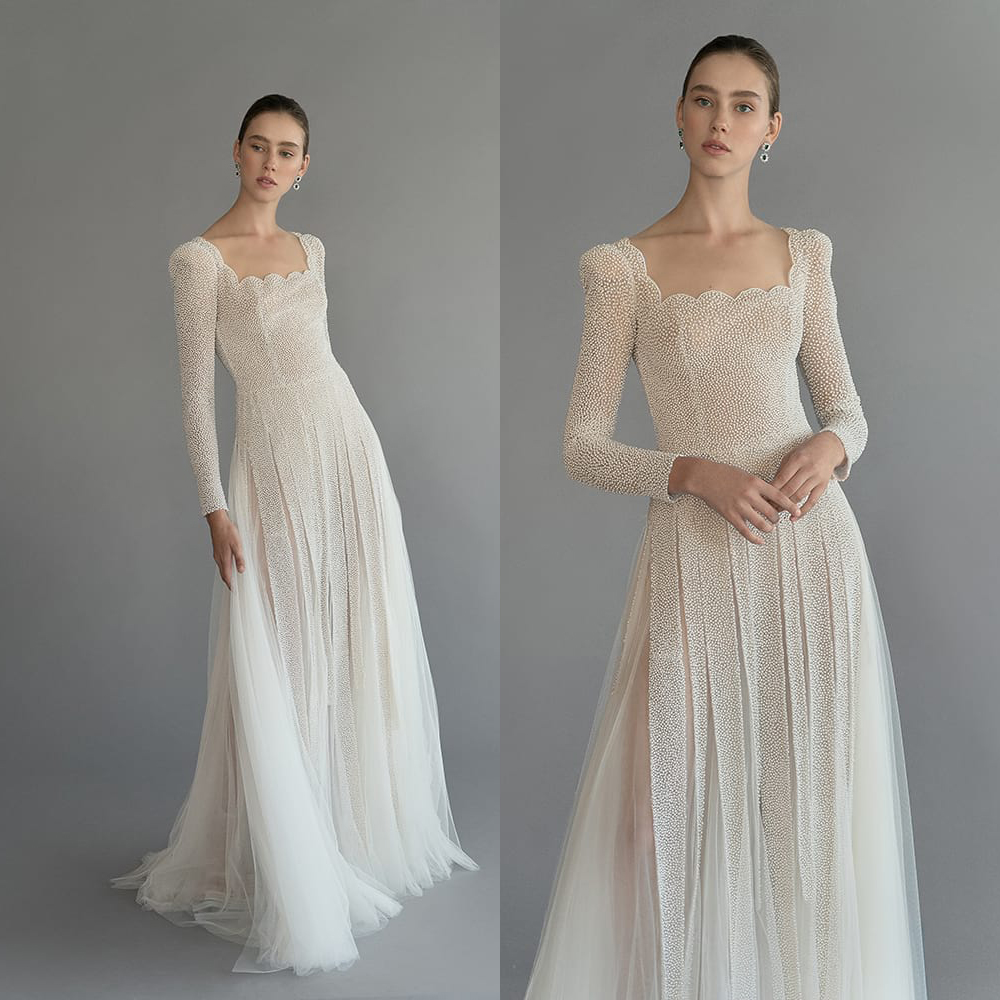 Modest A Line Chana Marelus Wedding Dresses Square Long Sleeve Tulle Beads Wedding Gowns Floor Length robe de mariée, Chocolate
Modest A Line Chana Marelus Wedding Dresses Square Long Sleeve Tulle Beads Wedding Gowns Floor Length robe de mariée, Chocolate