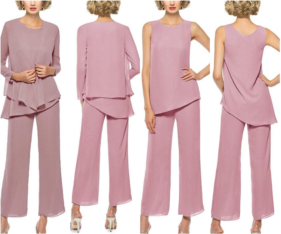 Mother of The Bride Pant Suits 3 Piece Outfits Formal Womens Evening Long Sleeve Chiffon Dressy Pantsuits for Weddings