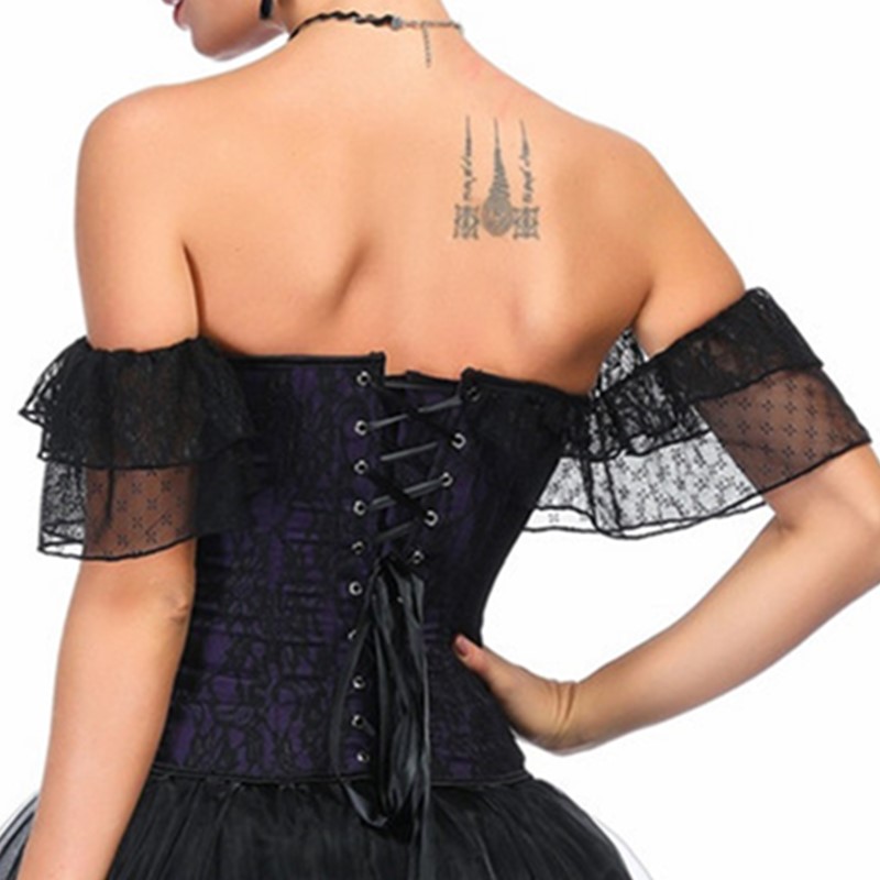 Women Push up Bra Overbust Corset Top with Dots Lace Mesh Sleeves and Black Lace Overlay Details Everyday Outwear Fashion Lace-up Shapewear