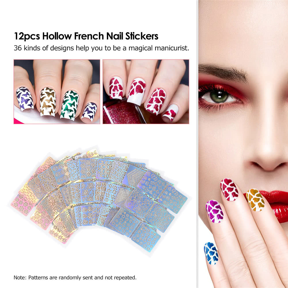 3D Nail Art Sticker Stamping Plates Template Shinning Hollow French Stickers Manicure Stencil Tips Polish Decals for Christmas 24pcs/set