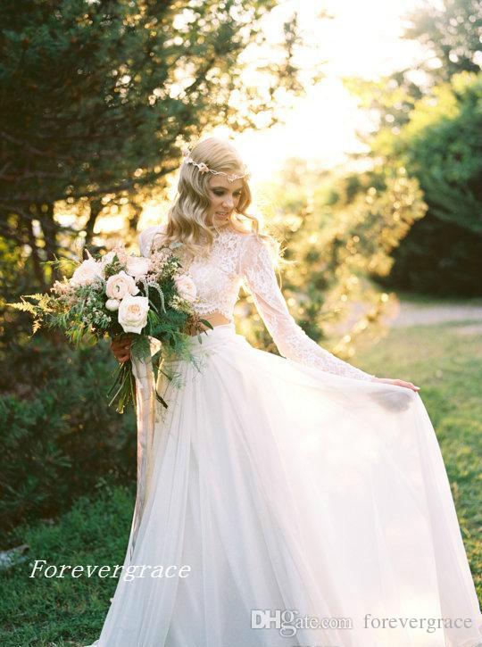 2019 Romantic Two Pieces Bohemian Wedding Dress Elegant Chiffon Long Sleeves Lace Summer Beach Bridal Gown Plus Size Custom Made