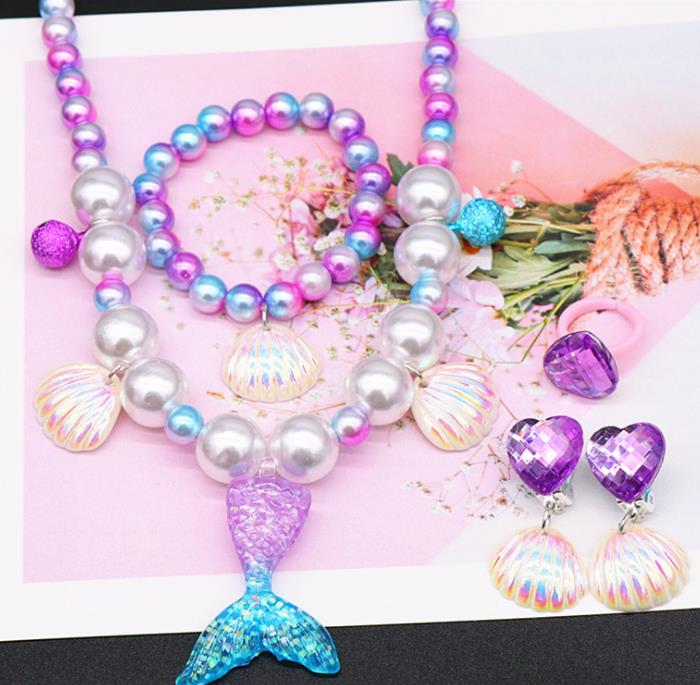 Beaded Necklace Bracelets Ring Clip Earrings for Kids Little Girl Mermaid Pearl Jewelry Sets Favors Bags for Party