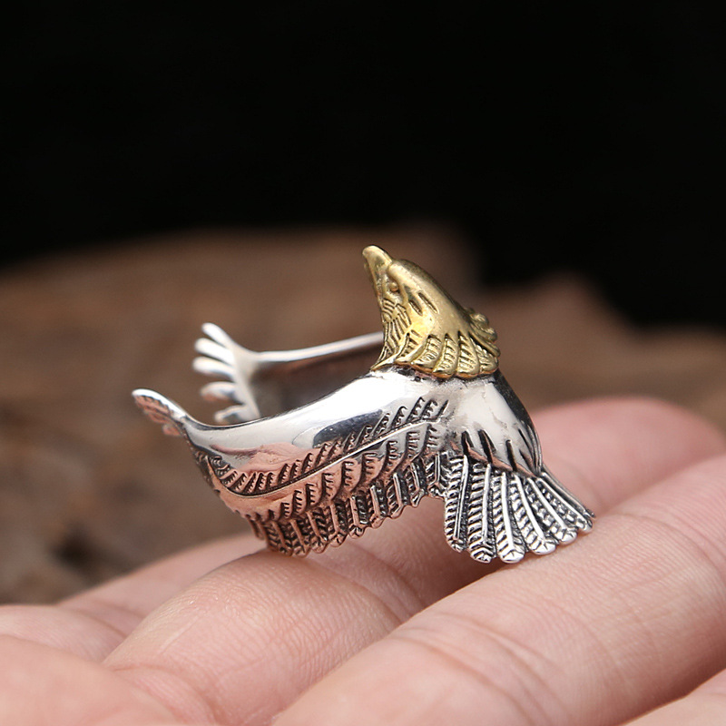 Personalized 925 sterling silver jewelry antique silver American Japanese hand-made designer open adjustable eagle rings for men women