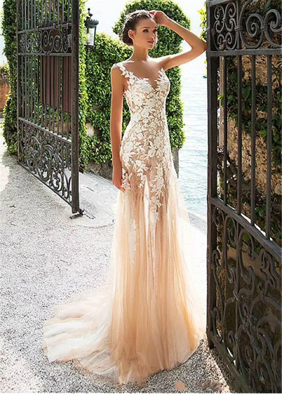 New Style See-through Prom Dresses Plain Sexy White Lace Tull Saudi Arabia Formal Evening Gowns China Free Shipping